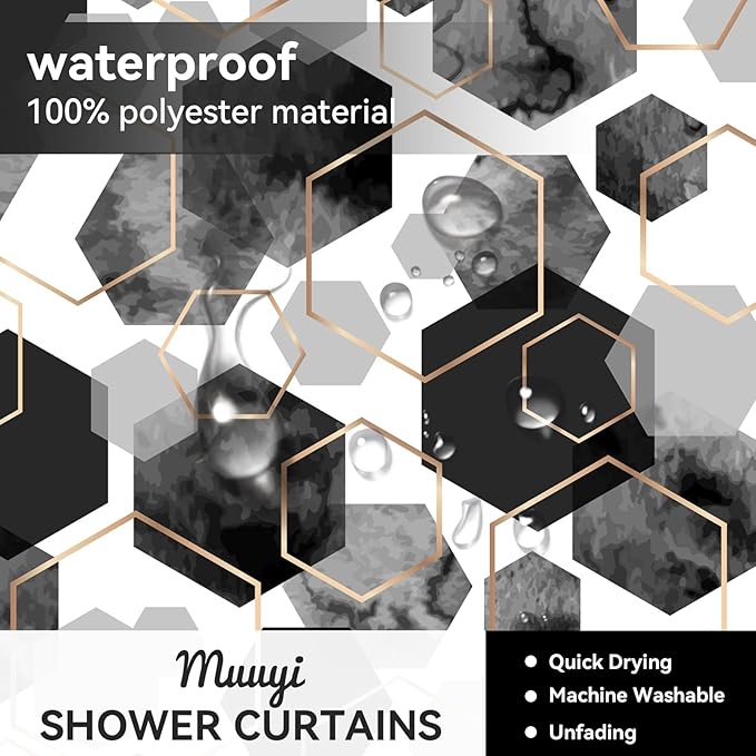 Muuyi 4Pcs Black White Geometric Shower Curtain Set, Neutral Modern Art Deco Shower Curtain with Hooks, Elegant Trendy Simple Bathroom Sets with Shower Curtain and Rugs, 71 * 71in