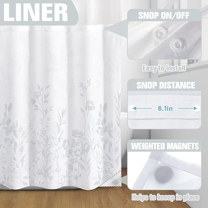 Neasow No Hook Shower Curtain with Snap in Liner, Plant and Flower Curtains with Waterproof Inner Liner for Bathroom, Blue and Grey 72×74 inches