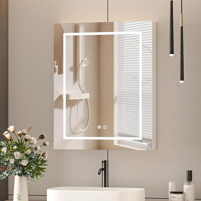Lighted Medicine Cabinet with Mirror,Bathroom Mirror Cabinet with Shaver Socket,Wall Mounted,3 Color Lights,Outlets & USB,Led Medicine Cabinet Mirror for Bathroom,24x30 Inch
