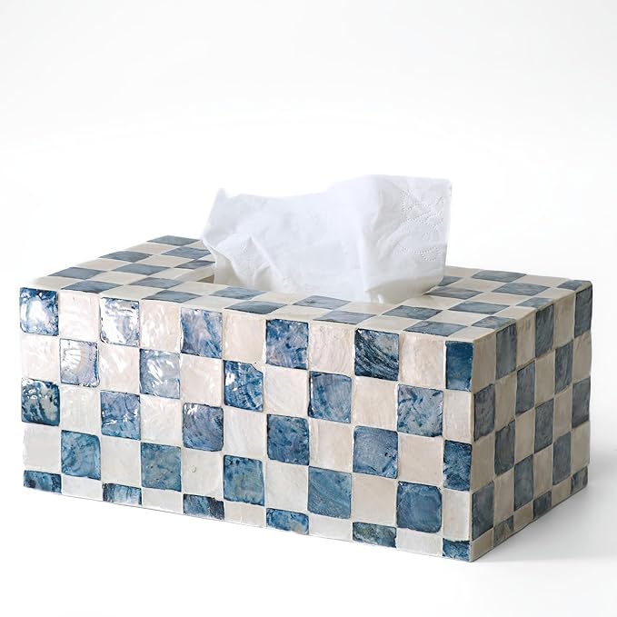 CHI AN HOME Rectangle Checkered Tissue Box Cover Handmade with Capiz Shells, Decorative Tissue Box Holder for Living Room, Bathroom or Kitchen Counter (Navy Blue)