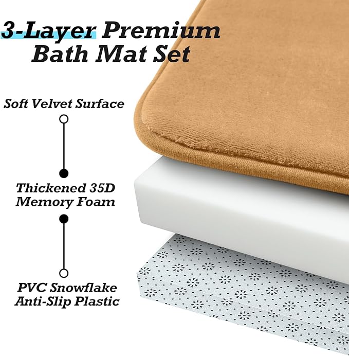 HUXMEYSON Bathroom Rugs Sets 2 Piece, Non-Slip & Quick Dry Bath Mat Set, Ultra Soft Velvet Bath Rugs for Bathroom, Toilet and Shower Floor, Khaki