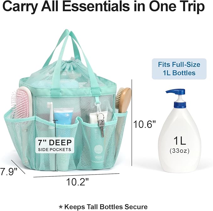 F-color Mesh Shower Caddy Portable with Drawstring - Large 8 Pockets Dorm Room Essentials for Guys Girls with S Hook, Shower Bag Basket Tote for College Camping Gym Travel Bathroom, Sage Green