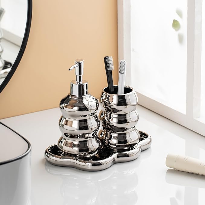 Silver Bathroom Accessory Set, 3-Piece Ceramic Bath Accessories Set with Tray, Lotion Dispenser, and Tumbler