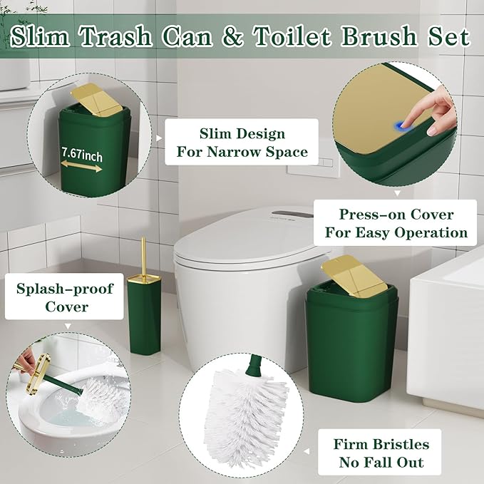 Bathroom Set — Green Bathroom Accessories Set, 11PC Bathroom Accessory Set, Green Bathroom Set with Push-lid Trash Can, 3PC Soap Dispensers, Toilet Brush & Qtip Holders