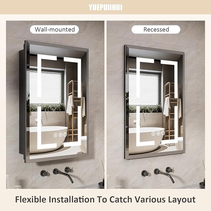 16X24 Inch Bathroom Medicine Cabinet, Adjustable 3-Color Brightness Dimming LED Mirror Recessed, Black
