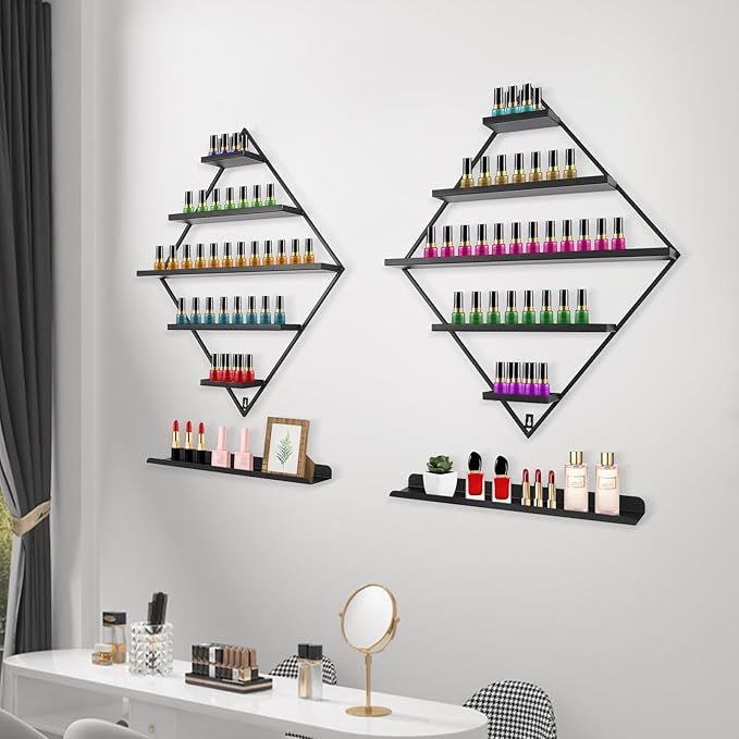 4PCS Nail Polish Storage Racks, 5-Tier Wall-Mounted Metal Cosmetic Display Case Makeup Organizer Wall Shelf for Home Spa Nail Salon Perfume Lipstick (Black)