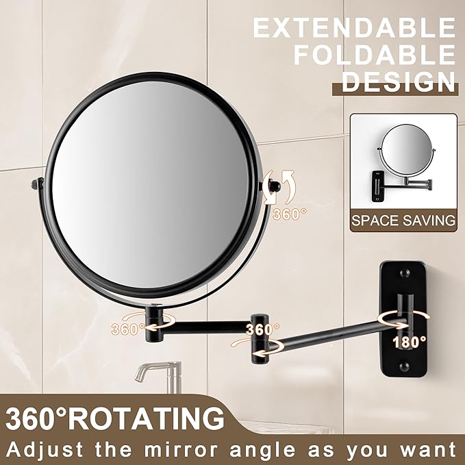JANEEVA 8" Wall Mounted Makeup Mirror, 1X/10X Magnifying Mirror with 360° Extendable Arm, Double Sided Bathroom Vanity Mirror for Man & Woman (Matte Black)