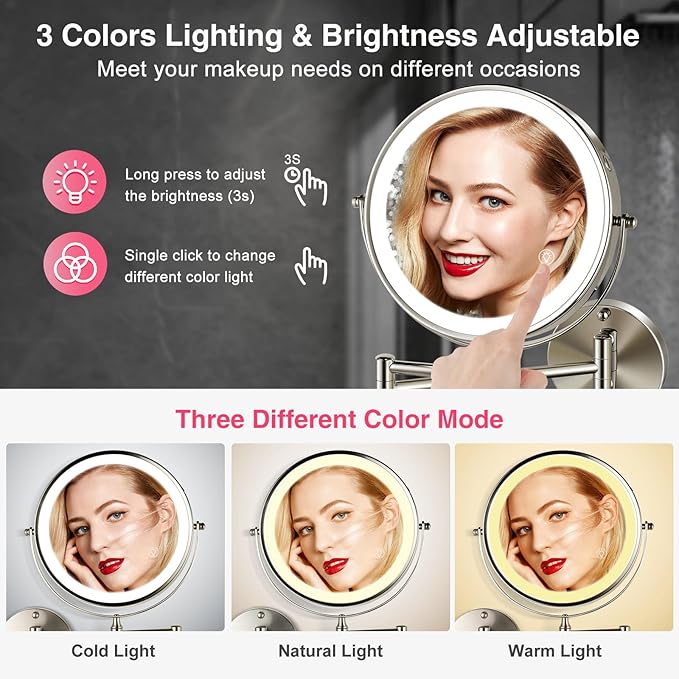GREENFROM 8.5 Inch Magnifying Mirror with Lights, Wall Mounted Makeup Mirror, Dual-Sided 1X/20X, Bright LED Lighting, Space-Saving Design for Bathroom & Vanity, Brushed Nickel