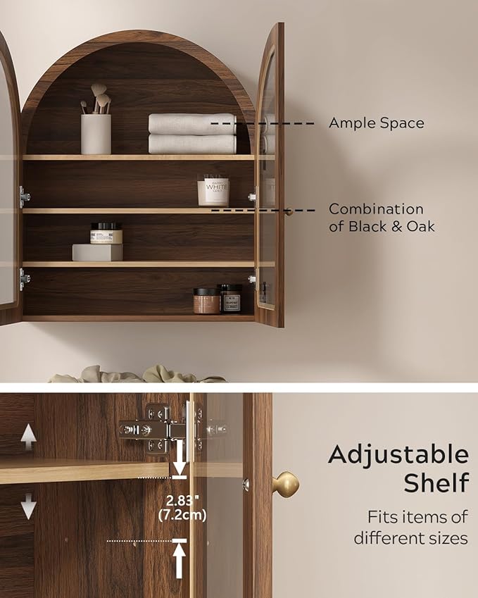 EYYTHUNG Brown Arched Wall Cabinet, Large Wood Bathroom Medicine Cabinet Wall Mounted Cupboard, Modern Floating Storage Cabinet with Acrylic Door Adjustable Shelf, Wood Organizer (Brown-Oak)