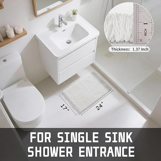 Yimobra Bathroom Rugs Non Slip Washable, Ultra Soft and Water Absorbent Bath Mats, Plush Fluffy Shower Mat Outside, Microfiber Thick Matts for Bathroom Floor/Sink, 24x17, Off White