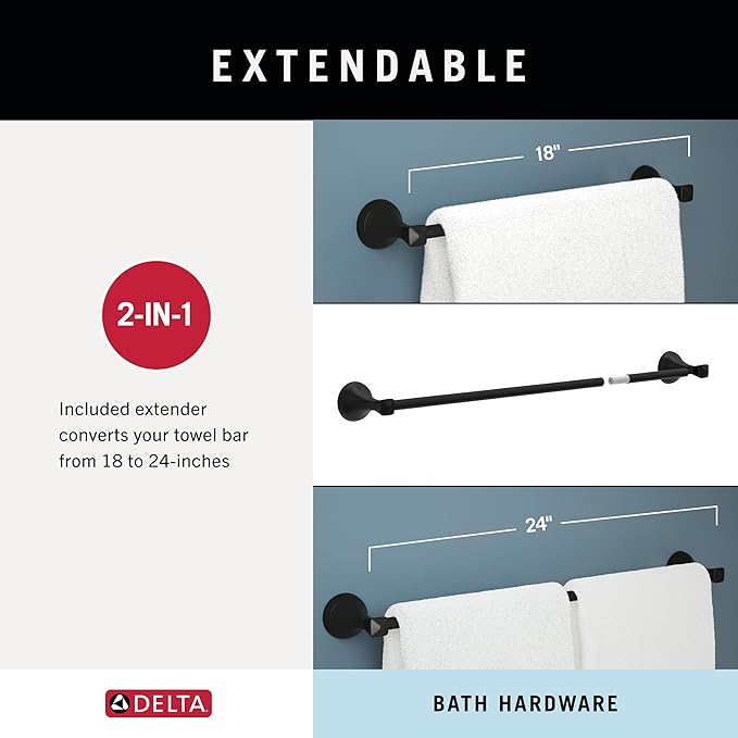 Delta Esato (1-Pack) 18'' w/ 6" Extender Towel Rack for Bathroom SpotShield Brushed Nickel Extendable 18-24" Towel Bar for Bathroom Wall Towel Holder Rod Wall Mounted ESA18-DN
