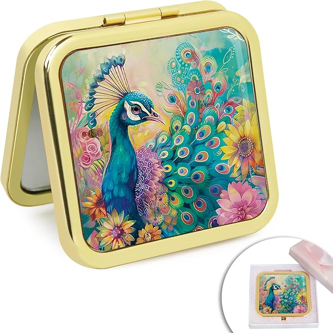 Mini Folding Mirror Square Compact, 2.8 in Small Portable Travel Makeup Mirror for Purse, Women Girls Travel Daily Use Gold Peacock
