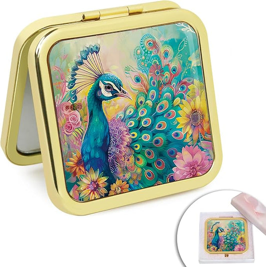 Mini Folding Mirror Square Compact, 2.8 in Small Portable Travel Makeup Mirror for Purse, Women Girls Travel Daily Use Gold Peacock