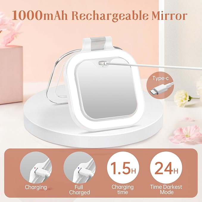FASCINATE Compact Travel Makeup Mirror with Lights and Magnification, 3.5 inch Portable 1X/30X Magnifying Mirror with 3 Color Light, Folding, Handheld (White)