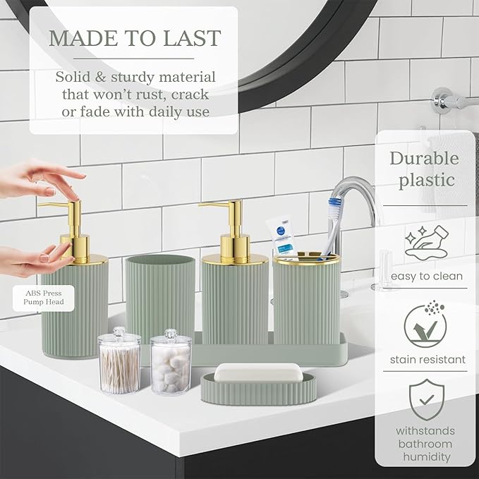 Sage Green and Gold Bathroom Accessories Set - Bathroom Sets, 25PC Bath Accessory Set, Bathroom Sets with Push Top Trash Can, Shower Curtain and Rugs, Toilet Brush, Trash Can & Soap Dispenser