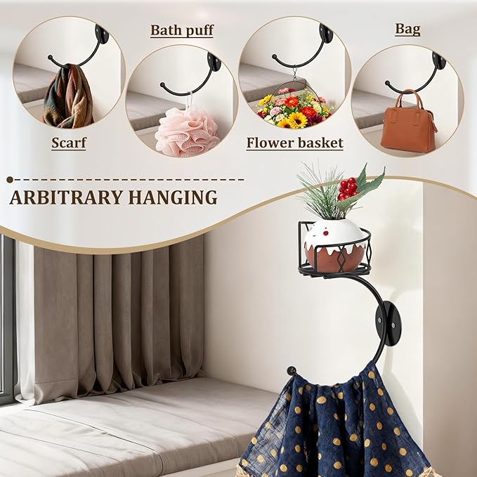 Fashion Matte Black Towel Hook with Candle Holder, Metal Sturdy Wall-Mounted Hand Towel Holder for Bathroom, Holder for Glasses, Candles and Plants, Coat Rack for Bedroom and Bathroom Decor