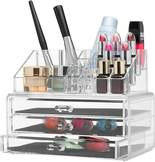 MCB Home Essentials ~ Clear Acrylic Cosmetic Jewelry and Makeup Organizer with Large 3 Drawer Chest