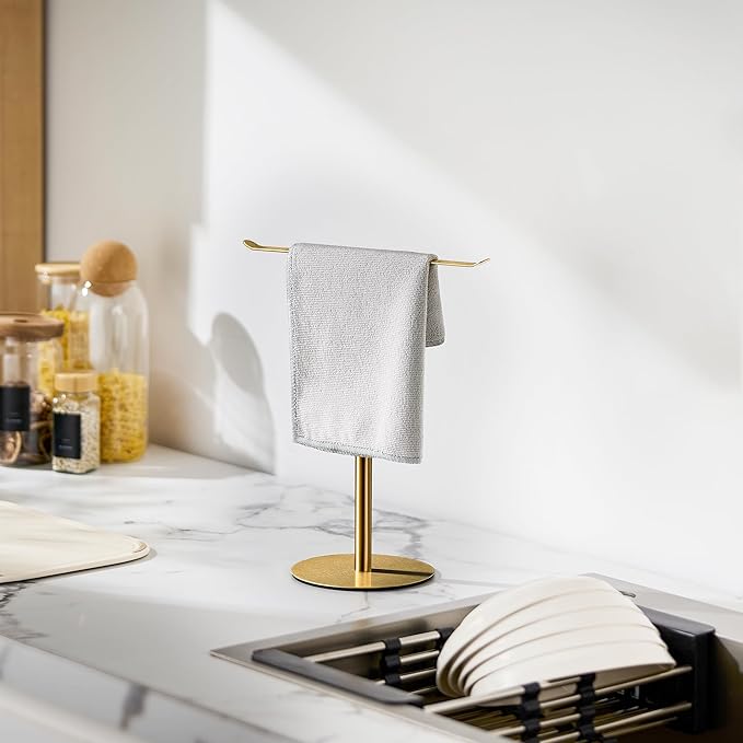 Gold Hand Towel Holder Stand ?€? Countertop T-Shaped Stainless Steel Towel Rack with Non-Slip Base for Vanity and Kitchen
