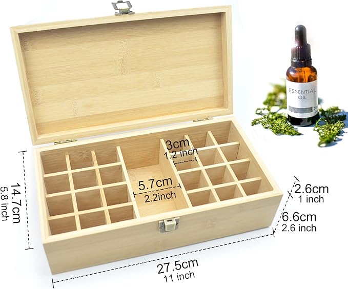 Pure Vie Bamboo Essential Oil Storage Box Travel Organizer Case with Bottle Cap Label - Aromatherapy Nail Polish Fragrance Container, Holds 24 Bottle for 5-30ml - Keep Scented Oil Safe & Space Saver