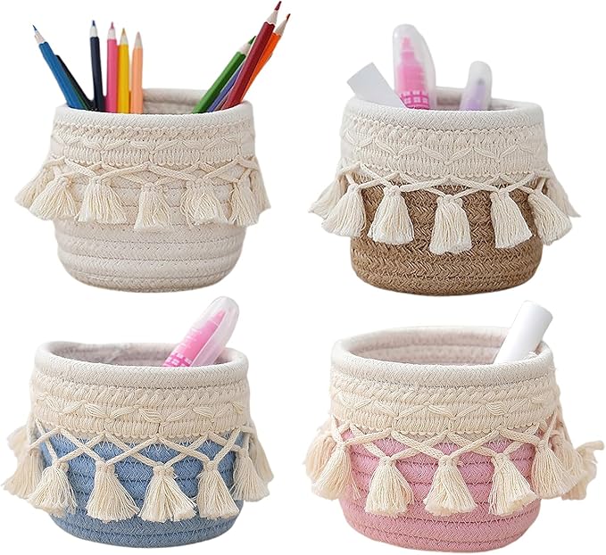 MSUIINT Macrame Makeup Brush Holder Organizer, Brushes Mini Storage Basket, Hand Woven Cotton Rope Basket, Boho Decor Baskets for Comb Cosmetics Pen Pencil Container (D)