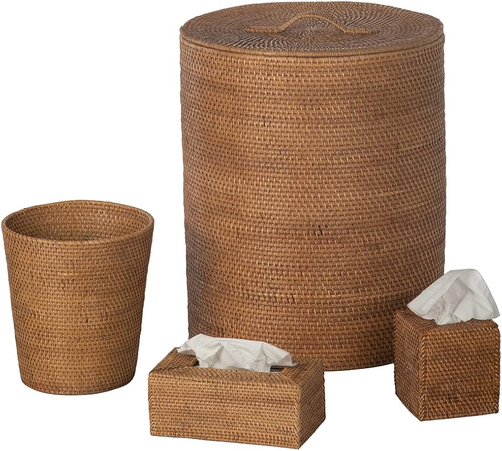 KOUBOO Loma Round Rattan Hamper & Laundry Basket with Lid - Stylish Storage Decor Wicker, Storage Hamper - Organizer & Blankets for Every Room, Brown