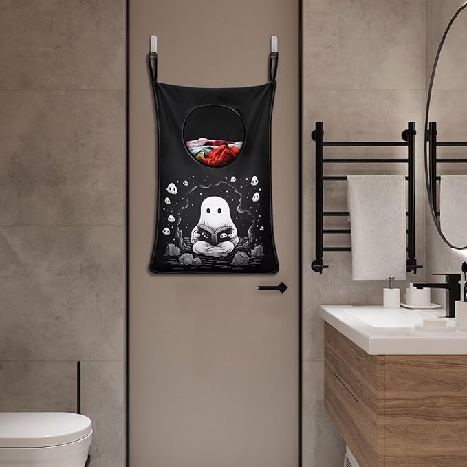 ZOUTAIRONG Ghost Hanging Laundry Hamper Halloween Laundry Bag Zipper Toys Storage Organizers for Bedroom, Closet, Home, Dorm Over The Door Laundry Hamper Cute Black Skull