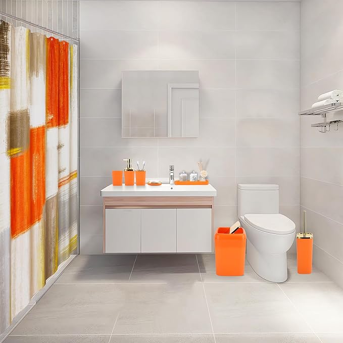 XLHOMO Orange Bathroom Accessories Set, Bathroom Sets with Shower Curtain, Orange Bathroom Accessories with Trash Can, Soap Dispenser, Soap Dish, Toilet Brush Holder, Qtip Holders for Bathroom