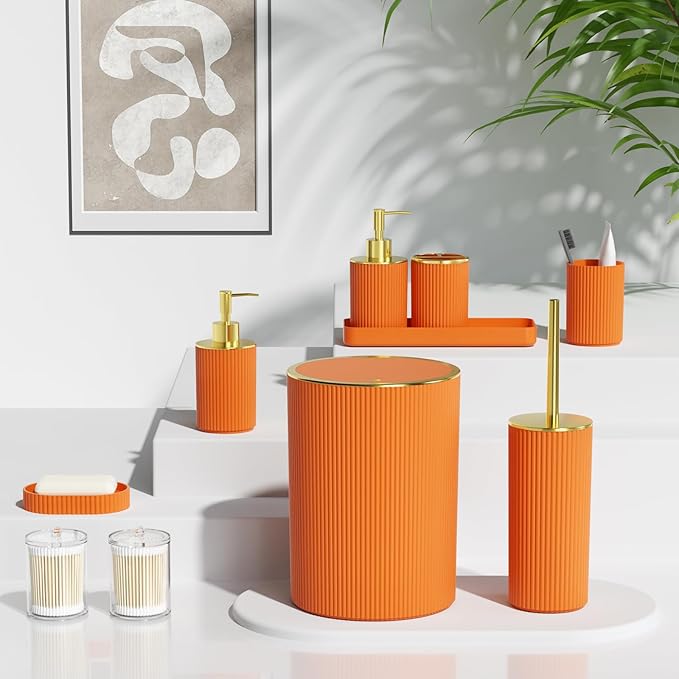 Orange Bathroom Accessories Set, 10PC Bathroom Set, Bath Accessory with Pop Up Trash Can, Soap Dispenser, Toilet Brush, Toothbrush Set Qtip Holders & Tray