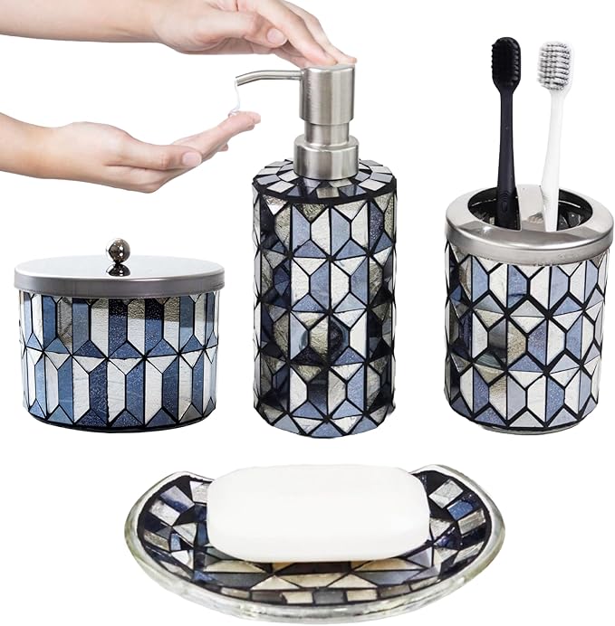 Escenzy Modern Black Gold Bathroom Accessories Sets 4 Pcs | Luxurious Soap Dispenser, Toothbrush Holder, Cotton Glass Jar, Small Tray | Black Gold Bathroom Decor | Mosaic Glass Bathroom Accessories