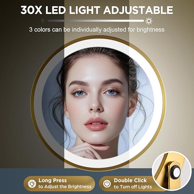 Makeup Mirror with Lights, 30X Golden Magnifying Mirror, 5000mAh Rechargeble Double Sided Mirror - Side Charge & Side Touch, Brightness Adjustable with 3 Colors, 360°Swivel Vanity Mirror