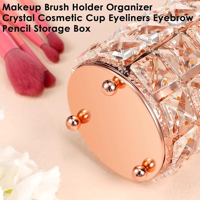 AKOAK 1 Pack Crystal Makeup Brush Holder Office Supplies Storage Rack Eyebrow Pencil/Lipstick/Pencil Makeup Container, Dressing Table, Bedroom, Office (Rose Gold)