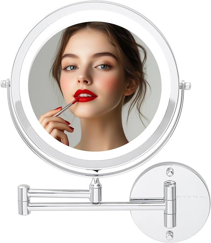 OVENTE Wall Mounted Lighted Makeup Mirror, 9" Double Sided 1X/10X Magnifying Vanity Mirror for Bathroom with LED Lights, Cordless, 360° Rotation and 13" Extendable Arm, Polished Chrome MFW85CH1X10X