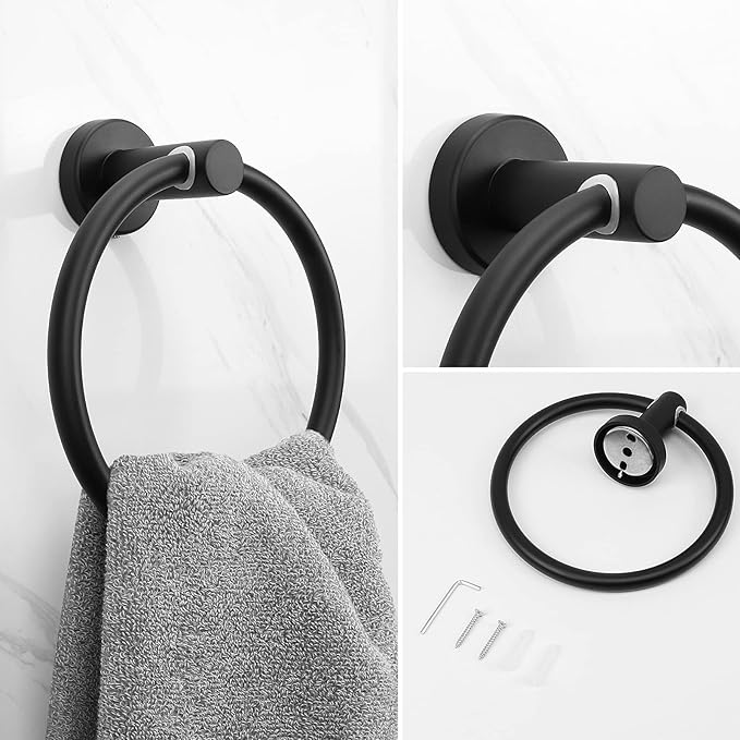 NearMoon 3 Pieces Bathroom Hardware Set, Bath Towel Ring and 2 Towel Hooks- Stainless Steel Hand Towel Hanger and Robe Hooks Accessories, Wall Mounted (Matte Black)