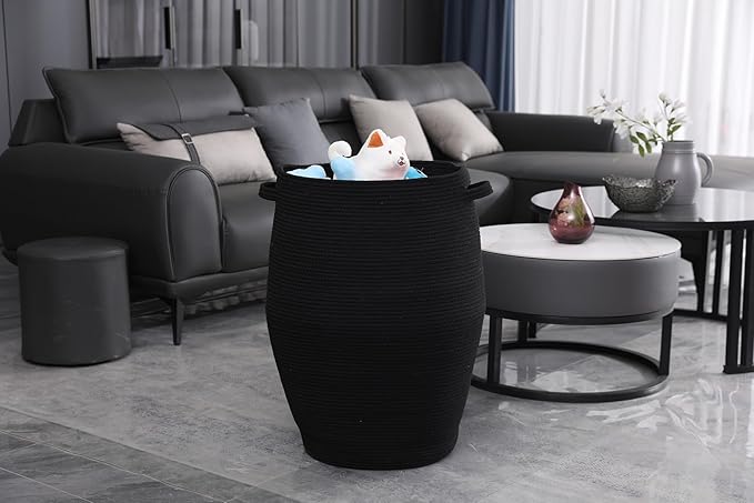 26"x20" Handcrafted Tall Cotton Rope Basket with Lid, Stylish Flagon Shape with Cover, Clothes Hamper with Top, for Bedroom and Living Room, All Black