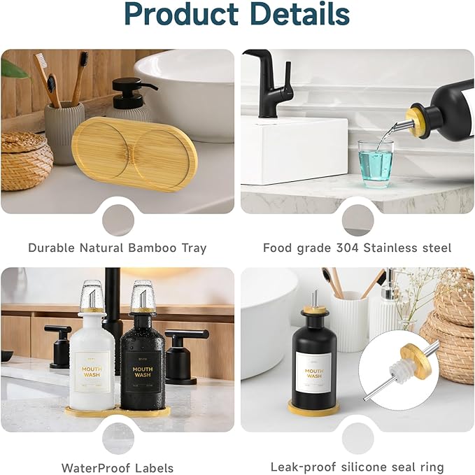 2PCS Glass Mouthwash Dispenser for Bathroom Countertop – 14oz/410ml Refillable Mouthwash Bottle with Glass Cup & Bamboo Tray, Modern Bathroom Decor for Home, Office, Airbnb (White & Black)