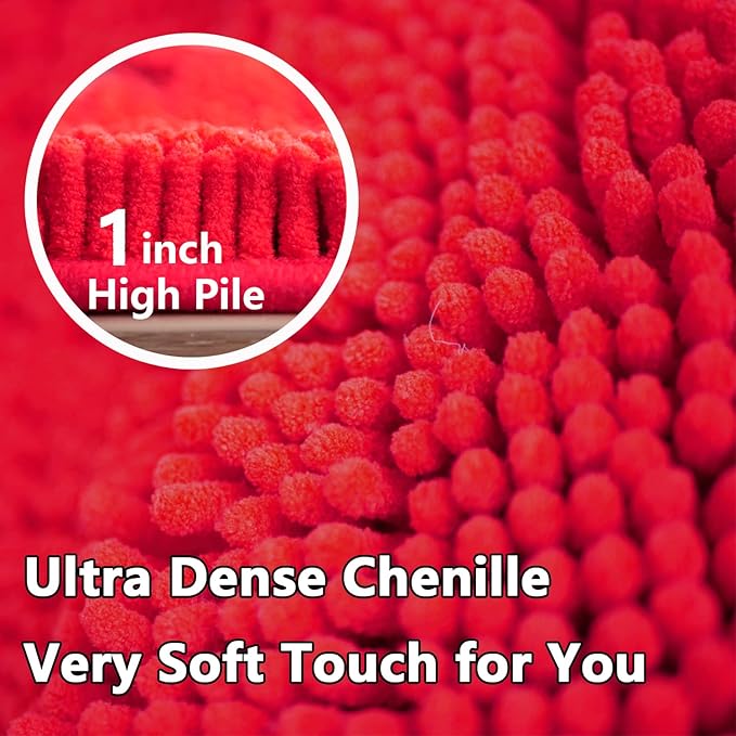 BOANKODU Red Bathroom Rugs Sets 2 Piece, Absorbent Bath Mat for Bathroom Very Soft Chenille Non-Slip, 32x20 Inch + 20x20 Inch U Shape Bathroom Mat, Machine Washable