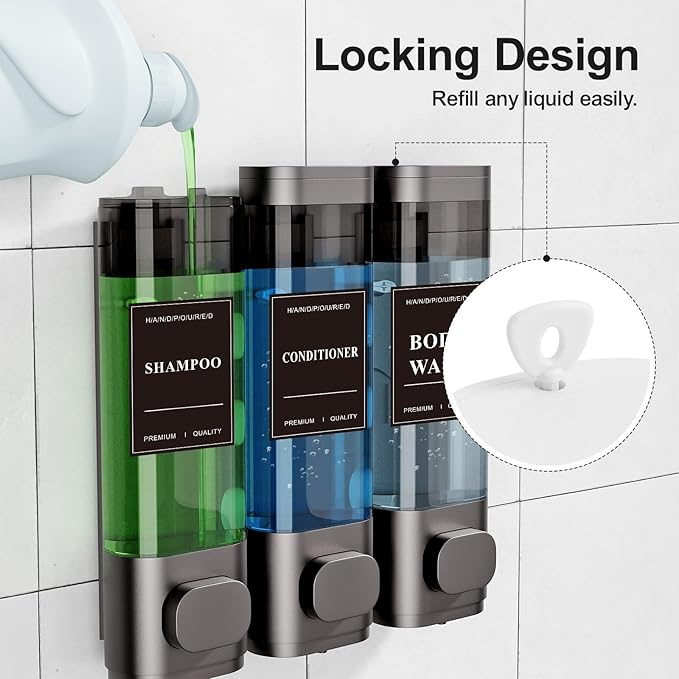 Shampoo and Conditioner Dispenser – Wall-Mounted Shower Soap Dispenser, No-Drill Installation, Lockable, 900 ml Capacity,for Bathroom & Hotel or Airbnb (Gun Gray, 3-Pack)