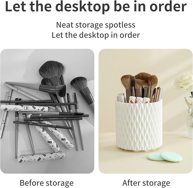 Makeup Brush Holder with Lid, 360?? Rotating Dustproof 5-Slot Cosmetic Organizer for Vanity Countertop, Spinning Brush Caddy with Cover for Lipstick, Hair Brush & Art Supply, White