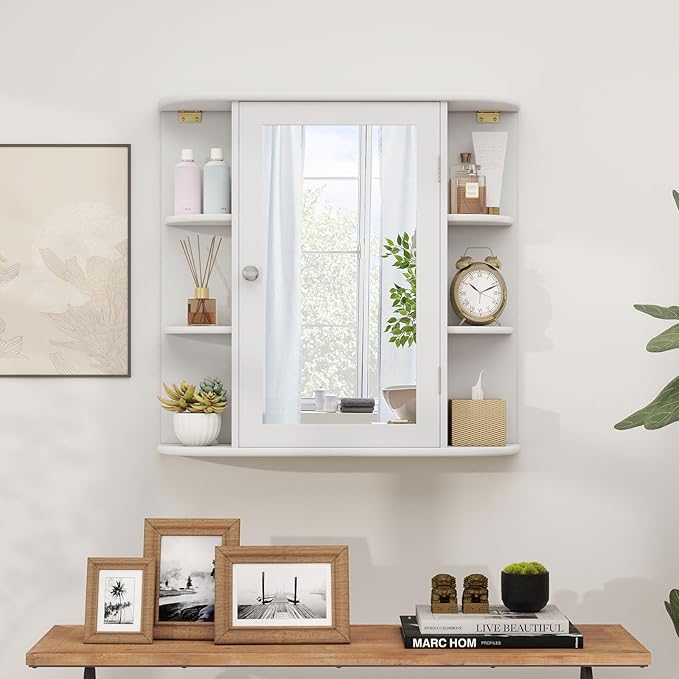 COSTWAY Medicine Cabinet with Mirror, Wall Mounted Bathroom Storage Cabinet with Mirror Door and Adjustable Shelves, Space-Saving Storage Organizer for Living Room Kitchen Entryway (White)