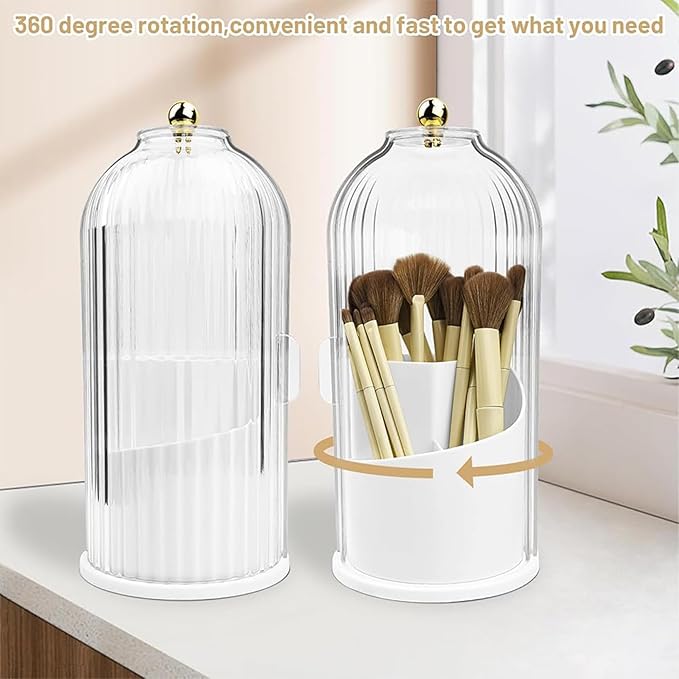 Makeup Brush Holder with Cover, Clear Dustproof Cosmetics Display Case, 360° Rotating Countertop Brushes Organizer for Bathroom Vanity Countertop (Black)