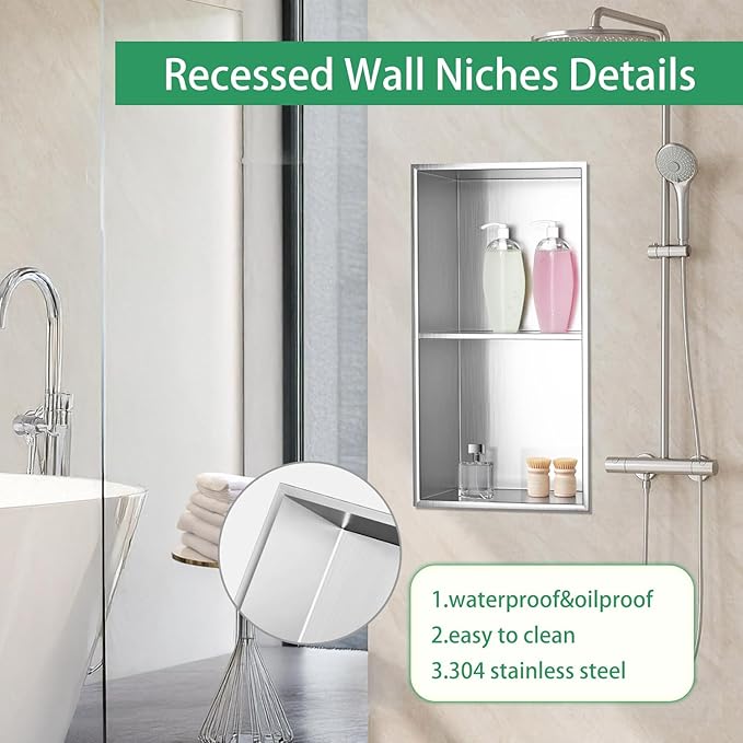 SaniteModar Shower Niche, Stainless Steel Shower Niche No Tile Needed, Recessed for Bathroom Storage (Brushed Silver, 12x24,Double)