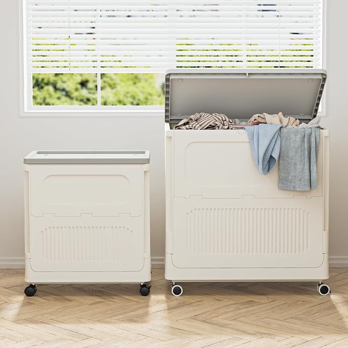 HAIXIN HOME Slim Rolling Laundry Hamper with Lid, 60L Foldable Plastic Laundry Basket on Wheels with Handle, Dirty Clothes Hamper Cart for Narrow Spaces, Bedroom, Bathroom, Closet, Dorm, Under Table