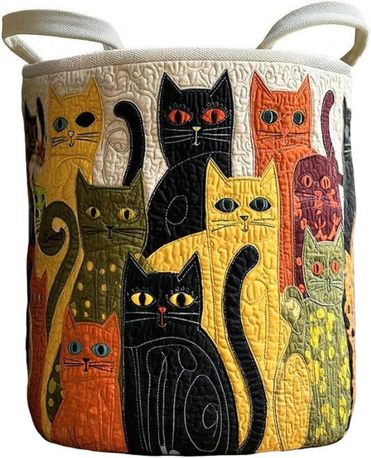Cute Cat Quilted Laundry Basket with Handles, Boho Floral Fabric Quilted Laundry Basket, Large Soft Collapsible Storage Hamper for Nursery, Bedroom, Bathroom, Clothes & Toy Organization (#01)
