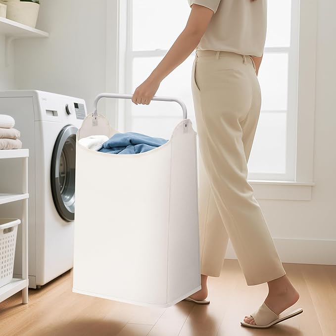 STORAGE MANIAC 2 Pack Large Laundry Hamper with Sturdy Metal Handle, Collapsible Laundry Basket, Freestanding Waterproof Clothes Hamper for Laundry Room, Bedroom, Dorm, Towels, Toys, White