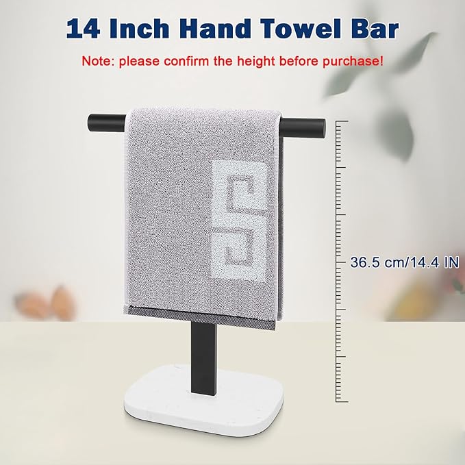 NearMoon T-Shape Hand Towel Holder-Bath Towel Rack-Standing with Balanced Base Towel Bar for Bathroom Kitchen Vanity Countertop, Modern Stand Towel Ring with Marble Base (14 Inch, Black)