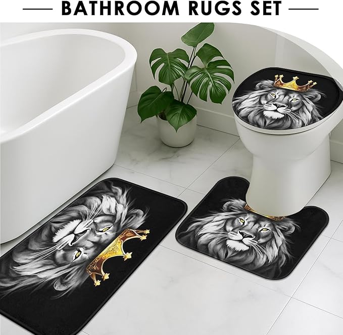 ArtSocket Black Bathroom Set with Shower Curtain and Rugs and Accessories, Gold Grey Lion African American Shower Curtain, Lion Bathroom Decor 4 Pcs