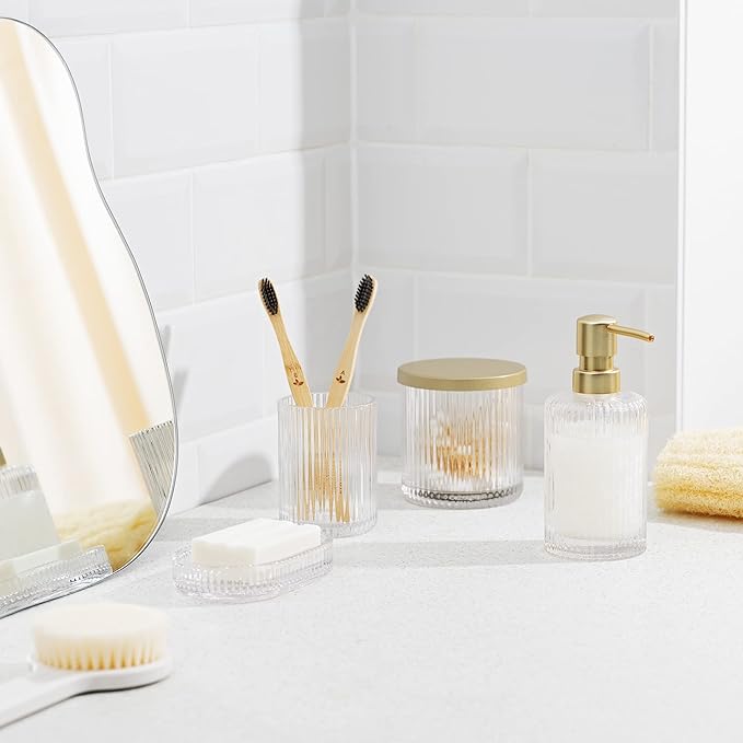 Navaris Glass Bathroom Accessories Set (4 Pieces) - Includes Soap Dispenser, Toothbrush Tumbler, Soap Dish, Cotton Pad Holder - Clear Glass with Gold Metal