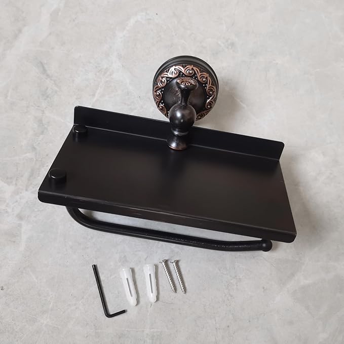 Oil Rubble Bronze Brass Bath Toilet Paper Holder with Phone Shelf, Wall Mounted Black Bathroom Hardware Accessories, Pattern Carving Design