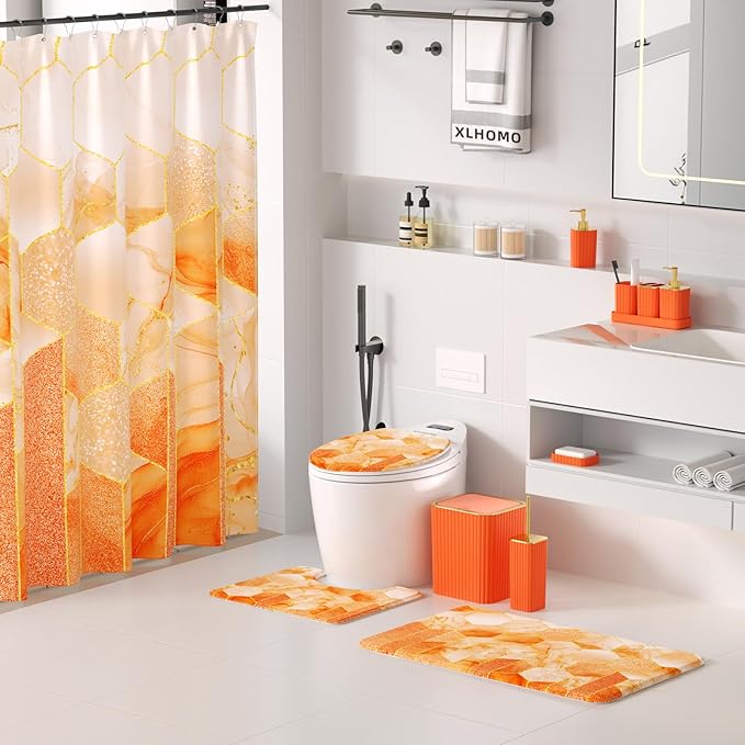 XLHOMO Bathroom Set - 26PC Bathroom Set with Shower Curtain and Rugs, Bathroom Accessory Set, Orange Bathroom Accessories Set, Trash Can & Soap Dispenser