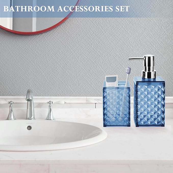 Blue Bathroom Accessories Set 2 PCS, Navy Blue Bathroom Accessories Include Soap Dispenser and Toothbrush Holder, Diamond Pattern Bathroom Set for Boho Bathroom Decor